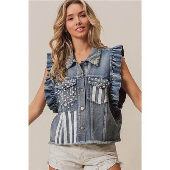 BiBi American Flag Washed Denim Jacket - Picture 5 of 10